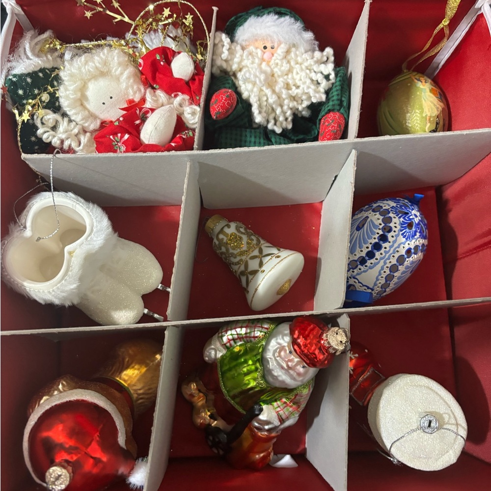 13 Vintage Christmas Glass Ornaments ALL Shapes, ALL sizes With Storage Box